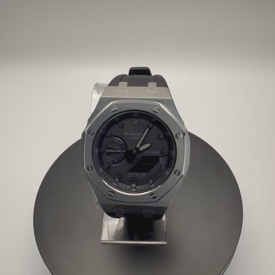 G-Shock GA-2100 Custom Stainless Case with Black Band - 360 View - Cartridge & Crown

