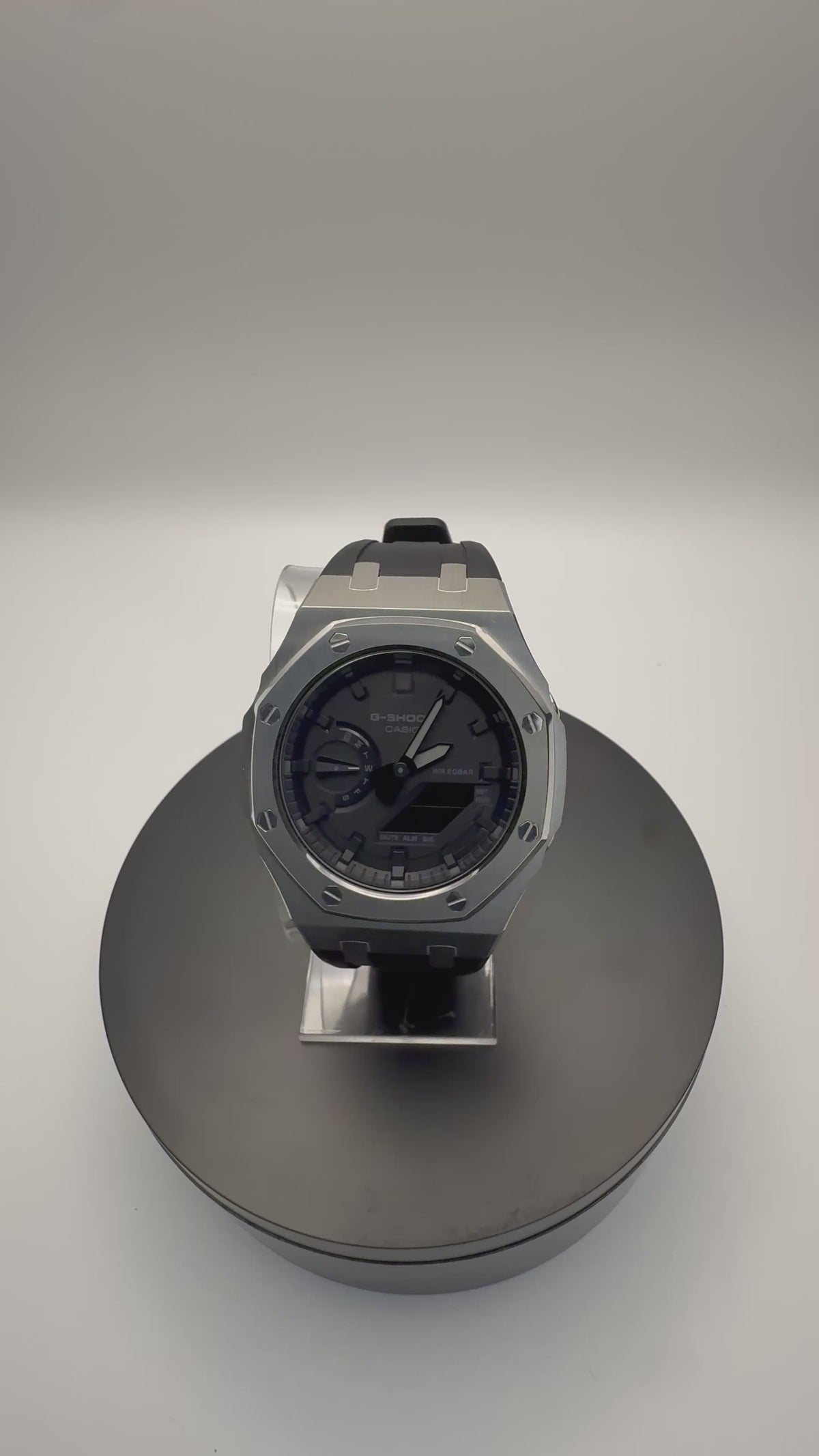 G-Shock GA-2100 Custom Stainless Case with Black Band - 360 View - Cartridge & Crown

