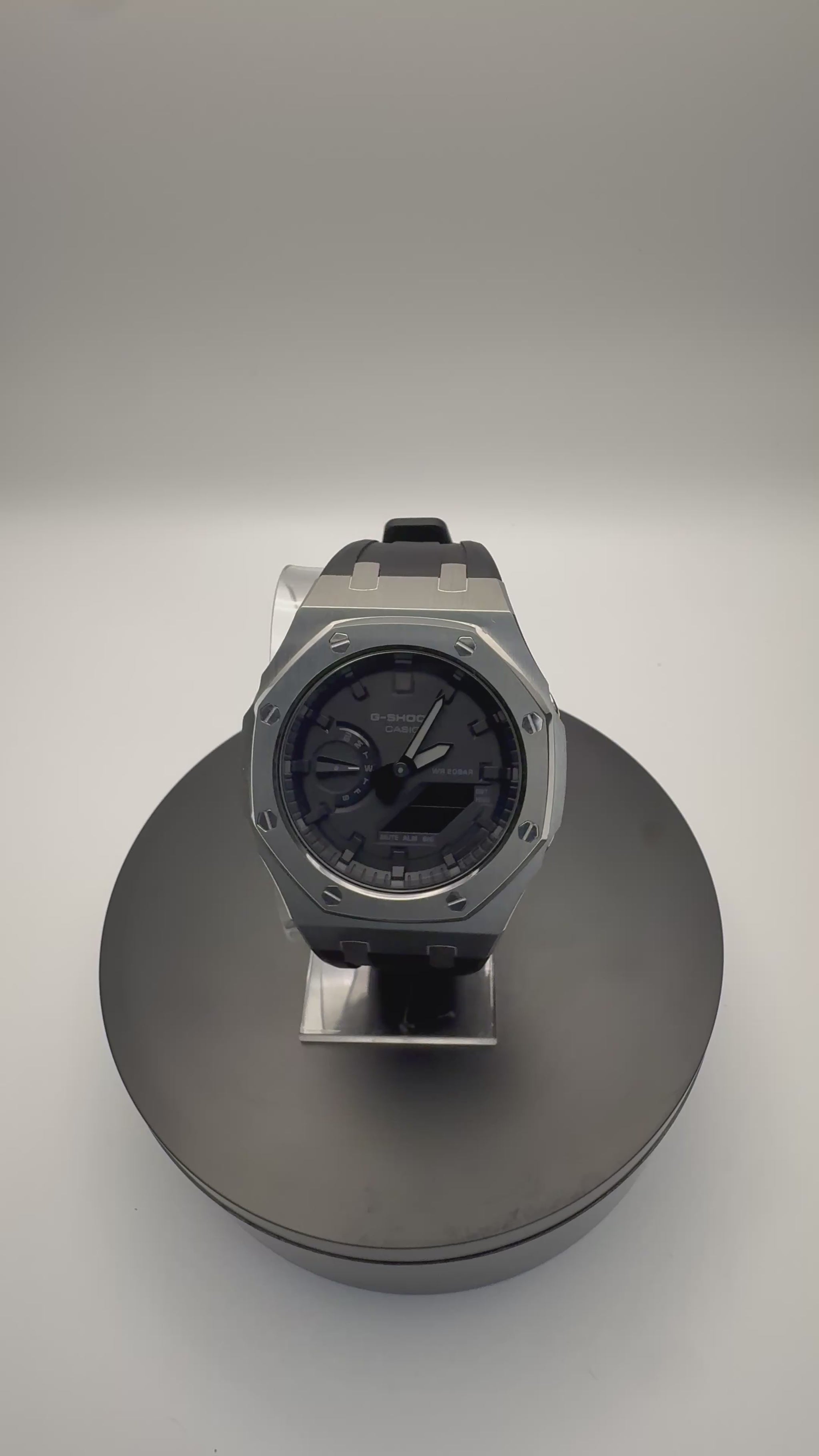 G-Shock GA-2100 Custom Stainless Case with Black Band - 360 View - Cartridge & Crown
