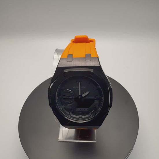 G-Shock GA-2100 Custom Black Case with Orange Band - 360 View - Cartridge & Crown