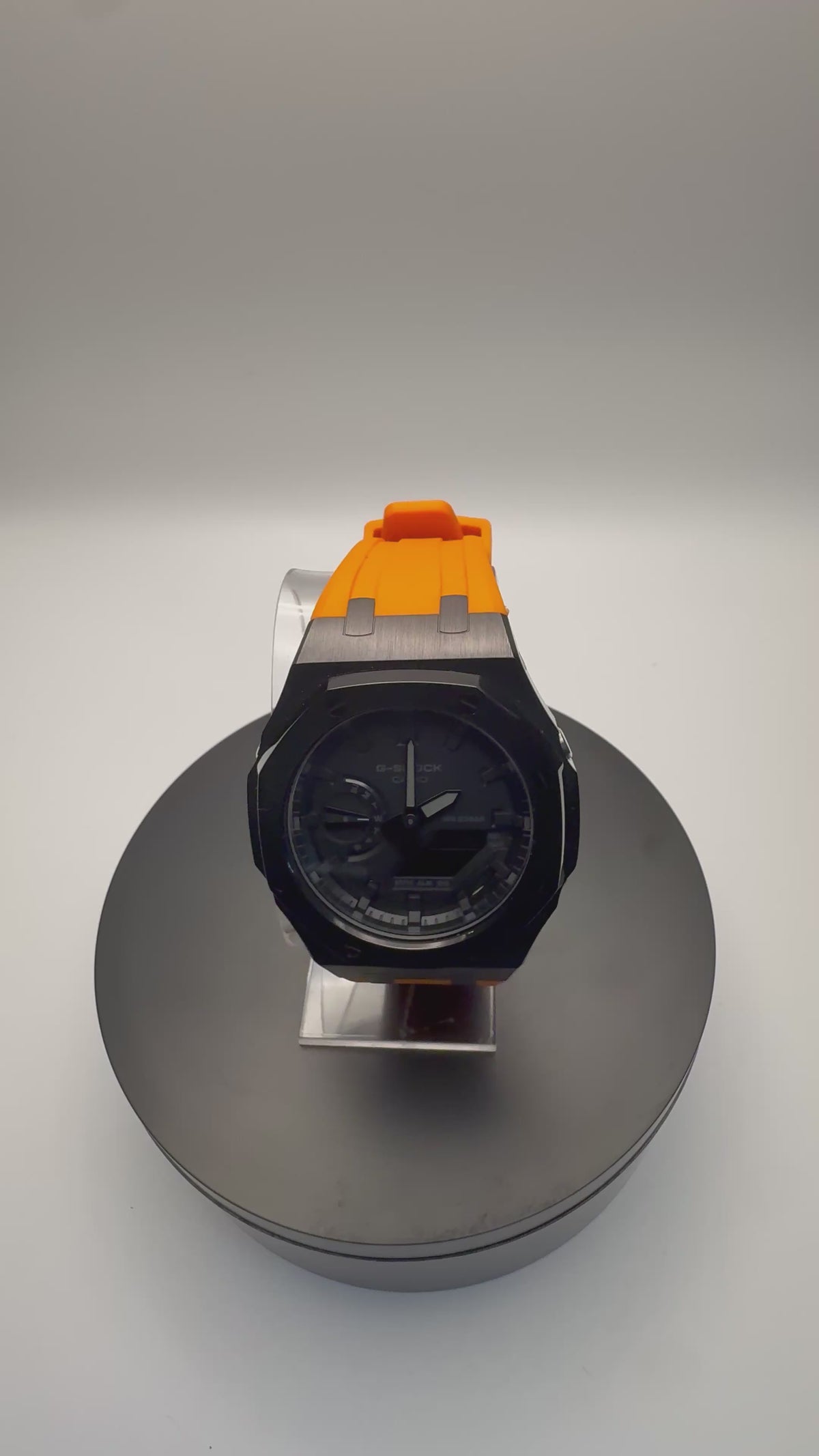 G-Shock GA-2100 Custom Black Case with Orange Band - 360 View - Cartridge & Crown