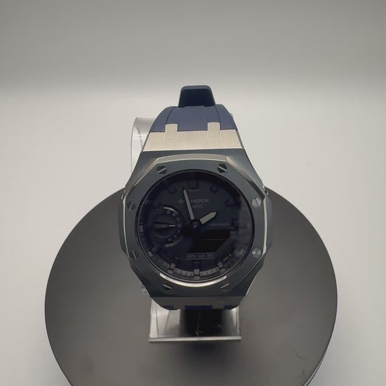 G-Shock GA-2100 Custom Stainless Case with Navy Band - 360 View - Cartridge & Crown
