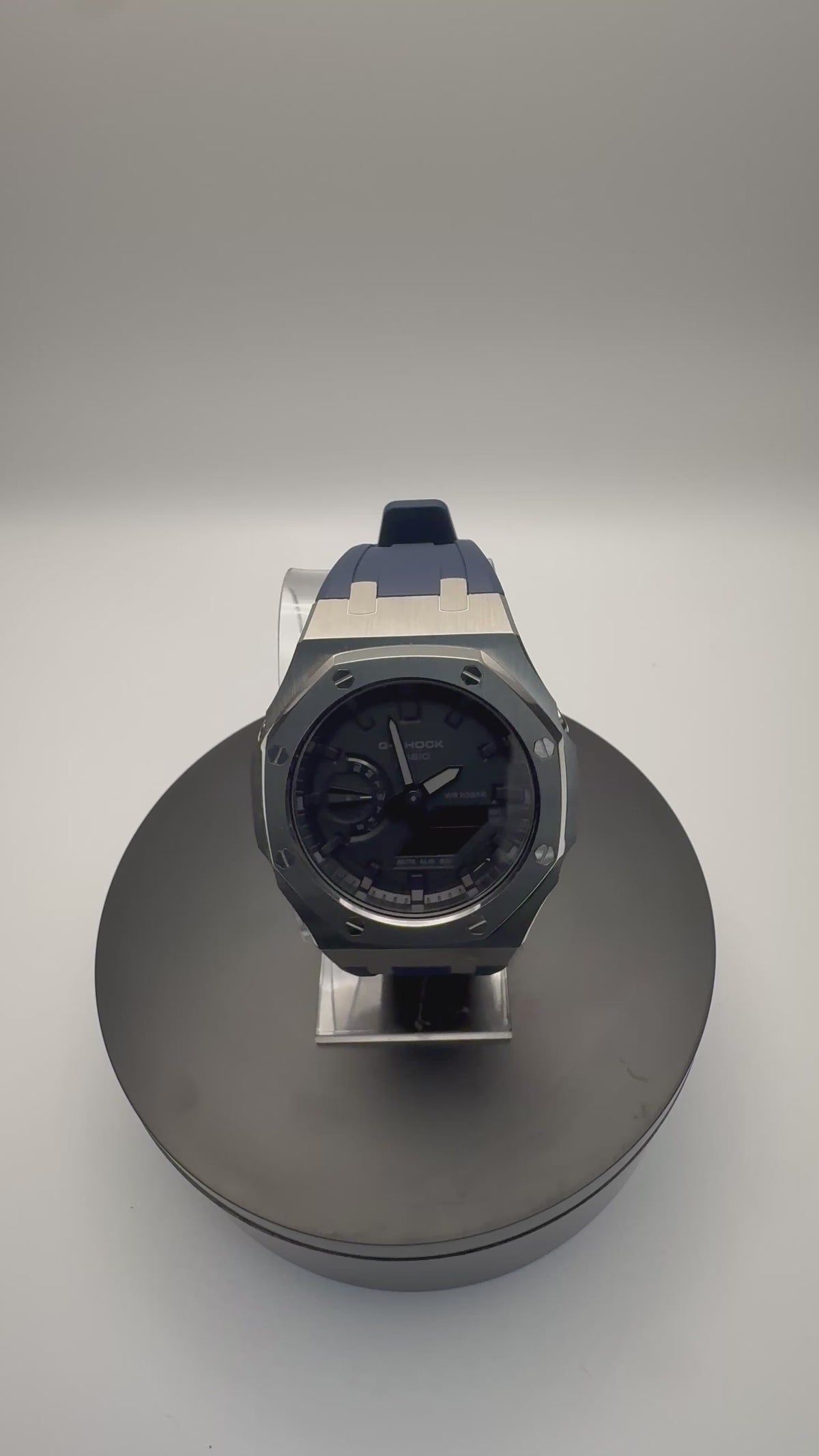 G-Shock GA-2100 Custom Stainless Case with Navy Band - 360 View - Cartridge & Crown
