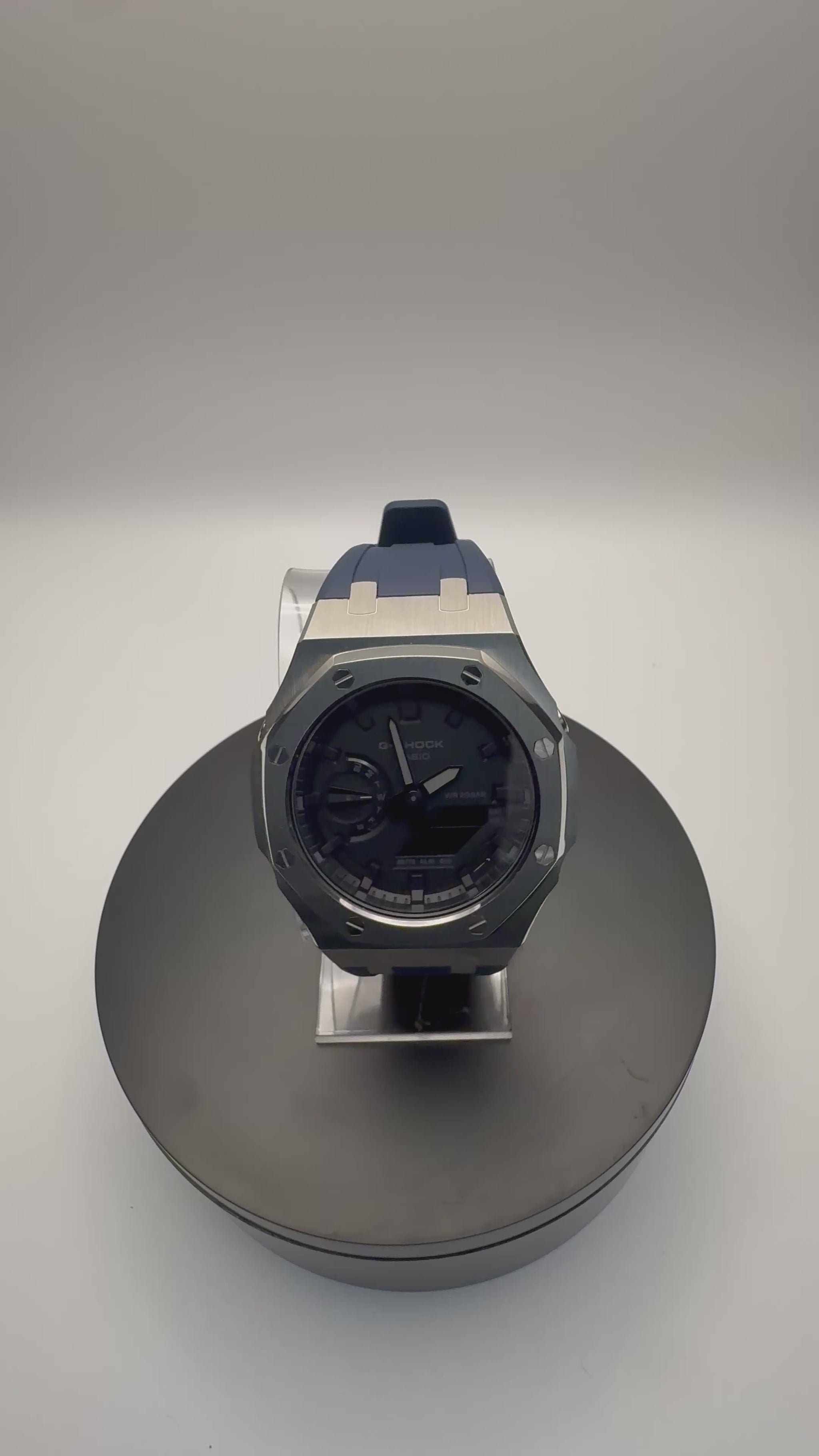 G-Shock GA-2100 Custom Stainless Case with Navy Band - 360 View - Cartridge & Crown
