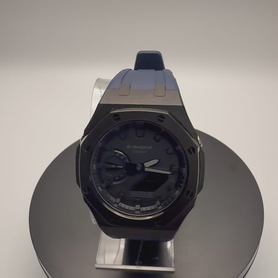 G-Shock GA-2100 Custom Black Case with Navy Band - 360 View - Cartridge & Crown