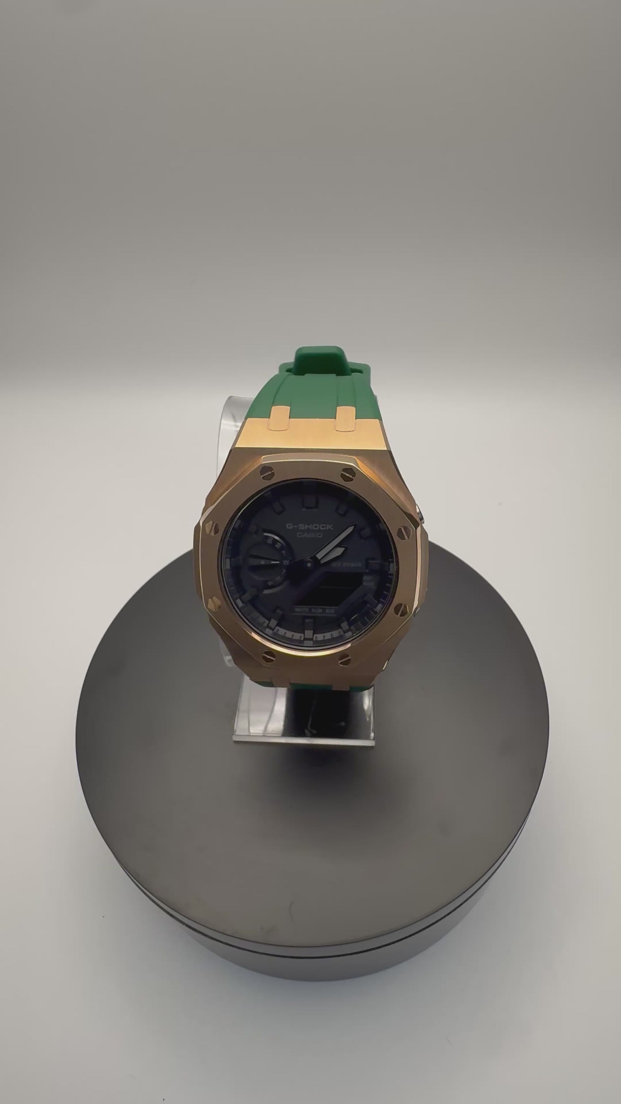 G-Shock GA-2100 Custom Bronze Case with Green Band - 360 View - Cartridge & Crown