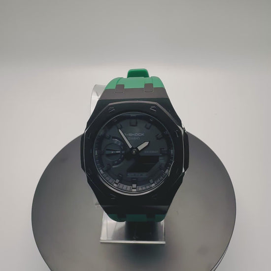 G-Shock GA-2100 Custom Black Case with Green Band - 360 View - Cartridge & Crown