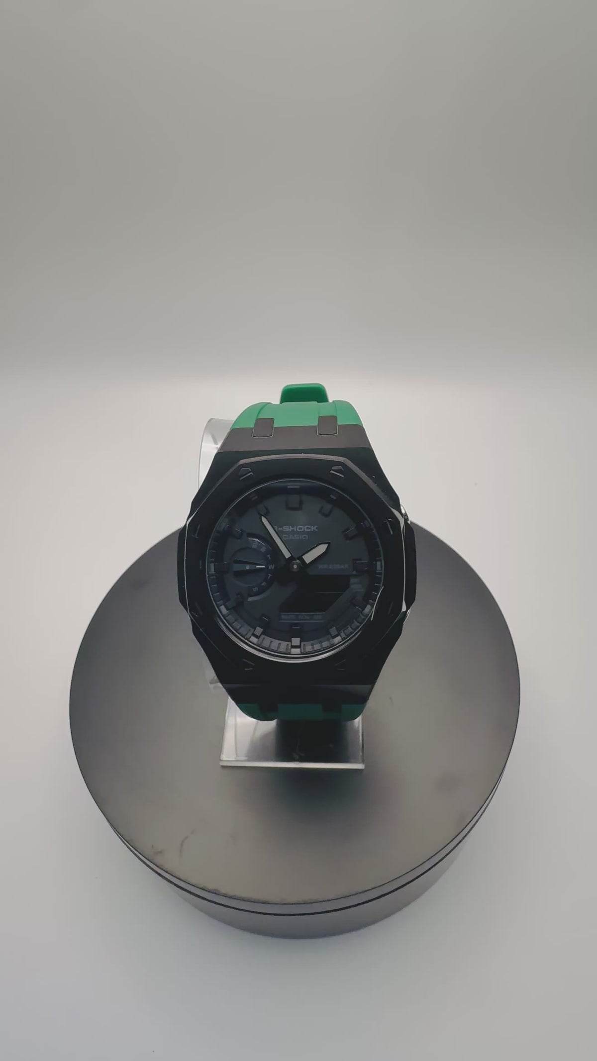 G-Shock GA-2100 Custom Black Case with Green Band - 360 View - Cartridge & Crown