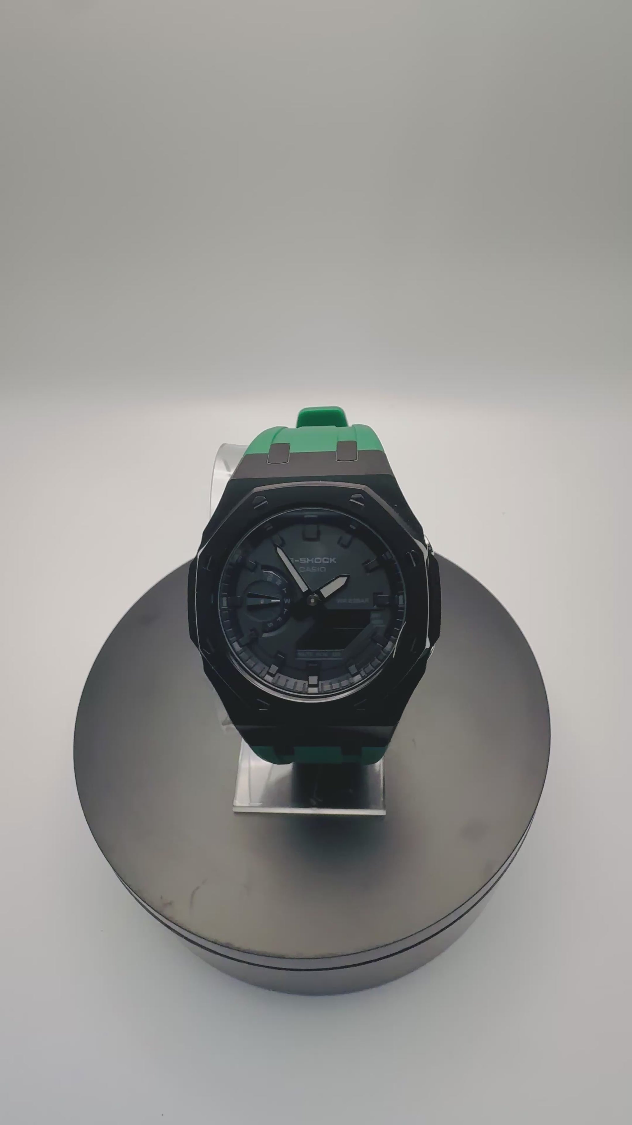 G-Shock GA-2100 Custom Black Case with Green Band - 360 View - Cartridge & Crown